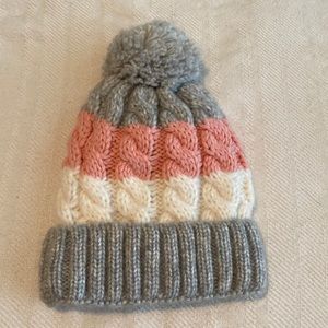 Fur lined Pom Pom Beanie — Pink, White, and Grey